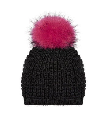 Black Wooly Hat with Pink Pom Pom