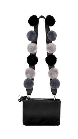 Leather Double Bag with Grey Pom Pom Strap