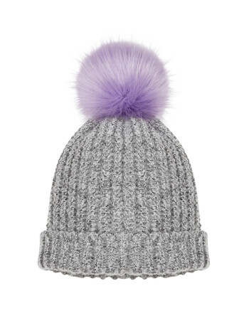 Grey Wooly Hat with Purple Pom Pom