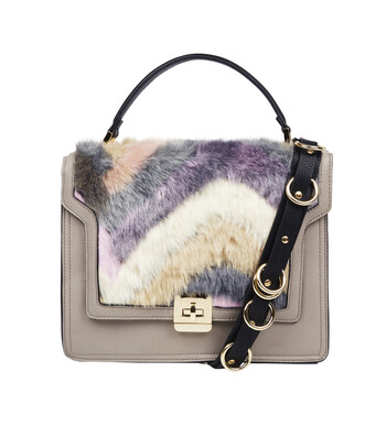 Grey Handbag with Black Shoulder Strap and Fur Panel